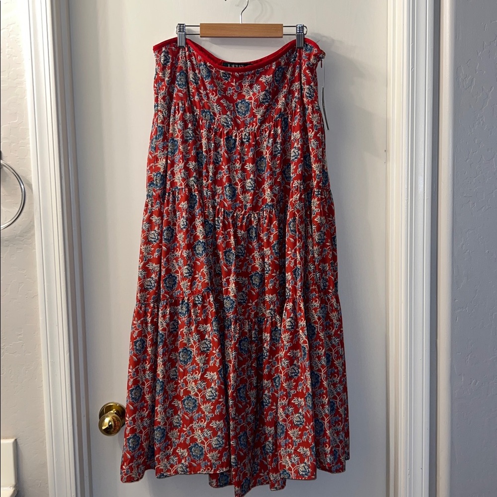Ralph Lauren Red and Blue Floral Silk Tiered Skirt NWT Sz 14